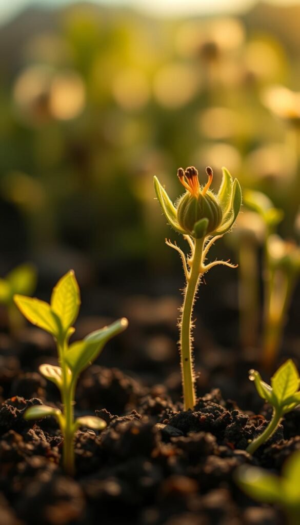 A meticulously detailed study of plant life cycle, captured in a softly lit, close-up view. The foreground showcases a lush, vibrant seedling emerging from the soil, its delicate leaves unfurling. The middle ground features a thriving, mature plant in full bloom, the intricate patterns of its petals and pistils on display. In the background, a hazy, out-of-focus scene suggests the cycle of growth, with a variety of plants at different stages. Warm, natural lighting casts a gentle glow, creating a sense of wonder and discovery. Crisp, high-resolution imaging with a shallow depth of field draws the viewer's eye to the captivating details of this botanical study.