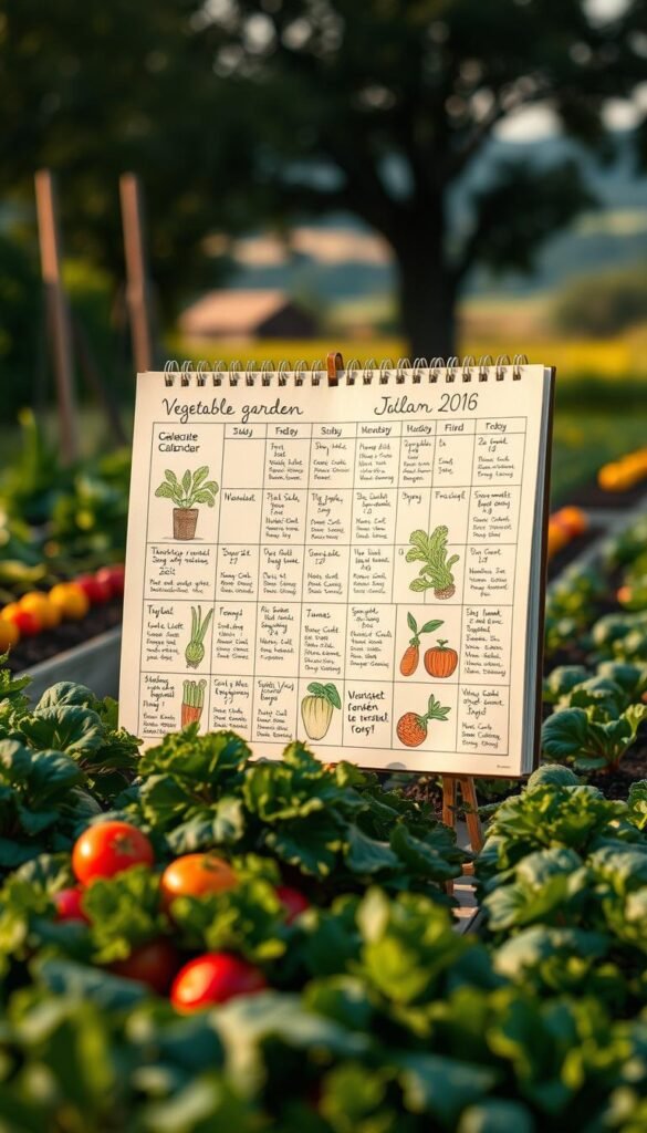 A meticulously detailed vegetable garden calendar, its pages filled with hand-drawn illustrations of seasonal crops. The foreground showcases a lush, vibrant garden with rows of thriving vegetables, each with a corresponding calendar entry. In the middle ground, the calendar itself takes center stage, its pages adorned with intricate sketches of produce and informative notations on planting, harvesting, and care. The background features a softly blurred landscape, hinting at the tranquil outdoor setting where this garden planner resides. The lighting is warm and natural, casting a gentle glow across the entire scene. The overall mood is one of organized productivity, with a touch of rustic charm and artistic flair.