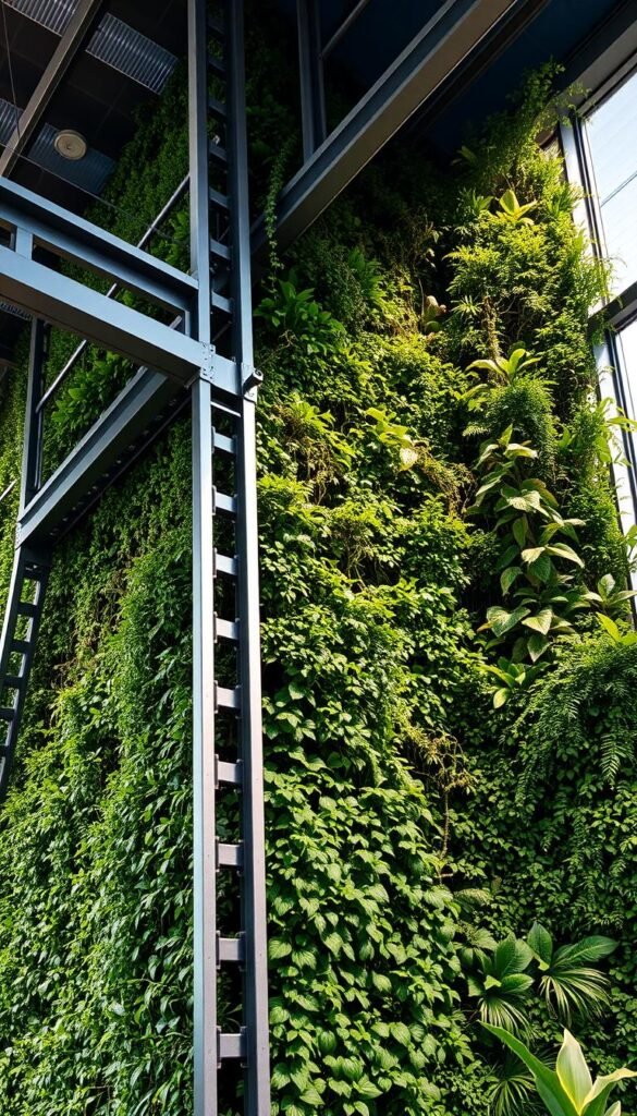 A meticulously engineered indoor green wall system with robust structural support, showcased in a warm, inviting environment. Elegant steel frames and interlocking modular components provide a sturdy foundation, seamlessly integrating with the lush, verdant foliage cascading down the walls. Soft, diffused lighting casts a natural glow, highlighting the interplay of textures and the carefully curated plant selection. The scene exudes a sense of harmony and balance, inspiring awe at the technical prowess behind creating such a captivating living installation within a modern, urban space.