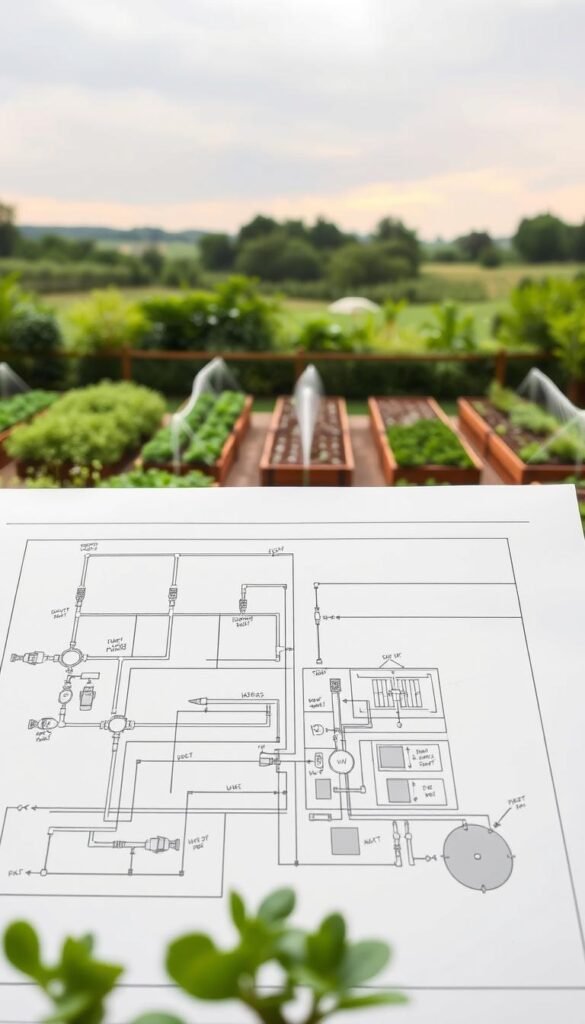 A meticulously planned garden layout showcasing a comprehensive watering system. In the foreground, a detailed schematic diagram illustrates the intricate network of pipes, valves, and sprinklers, allowing for efficient water distribution. The middle ground features a scale model of the raised garden beds, each one strategically positioned to optimize the coverage of the watering system. In the background, a softly lit, serene landscape sets the tone, with lush greenery and a gentle, overcast sky, creating an atmosphere of tranquility and thoughtful design. The overall scene conveys a sense of order, functionality, and a deep understanding of the needs of a thriving, low-maintenance raised bed garden.