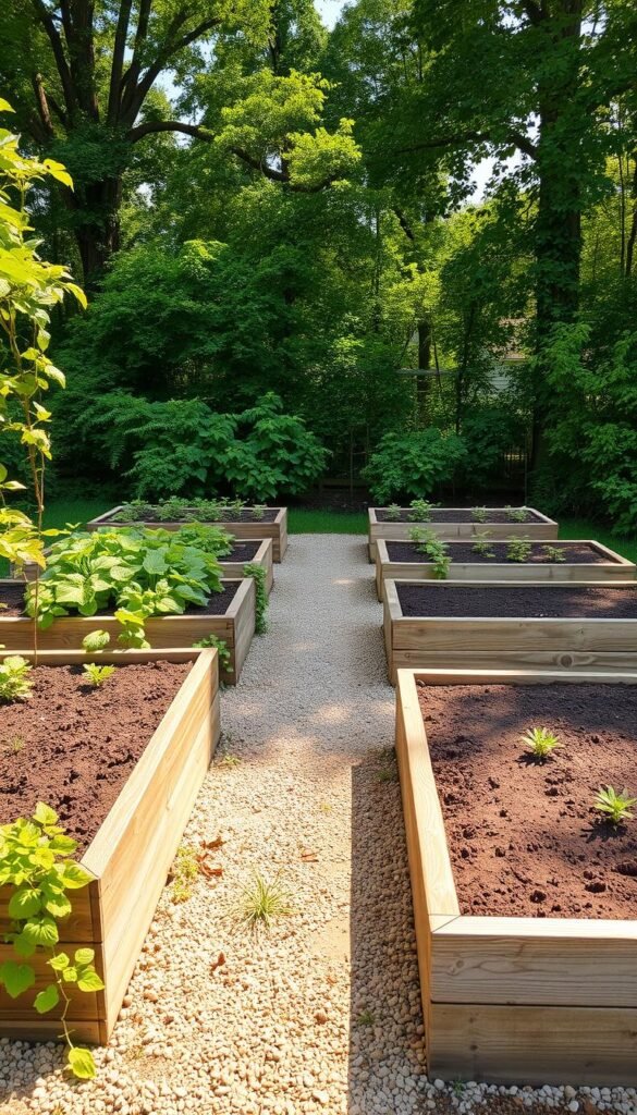 A meticulously planned raised bed garden layout, with four rectangular beds arranged in a symmetrical grid, set against a backdrop of lush greenery. The beds are constructed with rustic, weathered wooden planks, their edges softened by cascading trailing vines. Sunlight filters through the canopy of trees, casting a warm, golden glow across the scene. The soil within the beds is dark and rich, ready to nourish a vibrant assortment of vegetables and herbs. A narrow gravel path winds between the beds, inviting the viewer to explore this serene and productive backyard oasis. The overall composition conveys a sense of harmony, order, and the joy of cultivating one's own fresh produce.