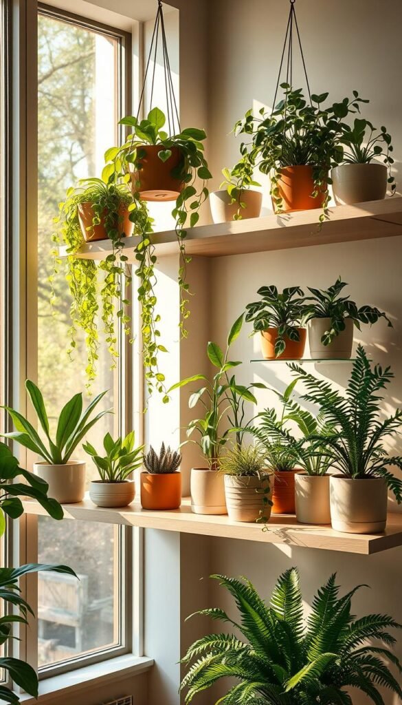 A minimalist and modern indoor garden oasis, bathed in warm, diffused natural light streaming through large windows. Sleek, floating shelves display a curated selection of lush, thriving houseplants in minimalist ceramic planters in neutral tones. Trailing vines cascade elegantly from hanging baskets, while potted succulents and ferns add pops of verdant texture. The arrangement is styled with an eye for balance and simplicity, creating a harmonious, zen-like atmosphere that elevates the living space.