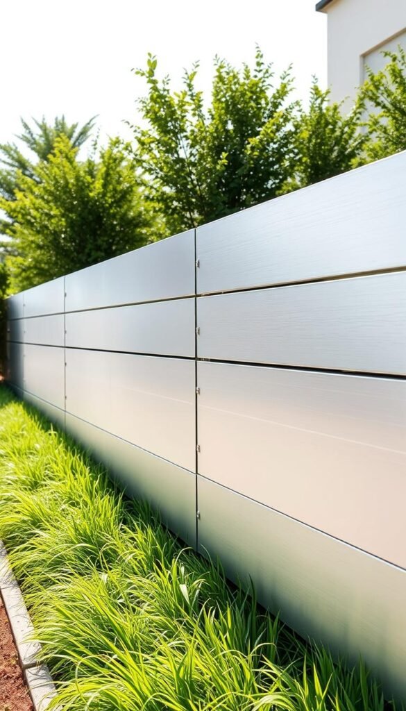 A minimalist, contemporary metal fence design with clean horizontal lines spanning an outdoor space. The fence panels feature a sleek, brushed aluminum finish that reflects the natural light, creating a striking contrast against the surrounding greenery. The layout is arranged in a rhythmic, repeating pattern, drawing the eye across the frame. The perspective is slightly elevated, allowing the viewer to appreciate the architectural elegance of the fencing as it recedes into the distance. A sense of simplicity and modernity permeates the scene, highlighting the fence's role as a stylish boundary for a modern, well-designed garden or outdoor living area.