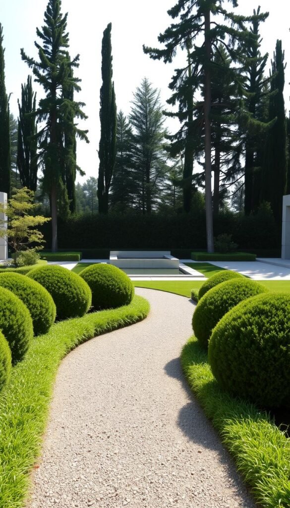 A minimalist garden with clean, elegant lines. The foreground features a simple gravel path winding through lush, neatly trimmed greenery. Flanking the path are meticulously pruned bushes and shrubs, their forms creating a sense of balance and symmetry. In the middle ground, a contemporary water feature - perhaps a sleek, rectangular pool or a modern fountain - reflects the clear sky above. The background is dominated by tall, slender trees, their trunks and branches casting long, dramatic shadows across the scene. The lighting is soft and diffused, creating a serene, calming atmosphere. The overall impression is one of understated sophistication and tranquility.