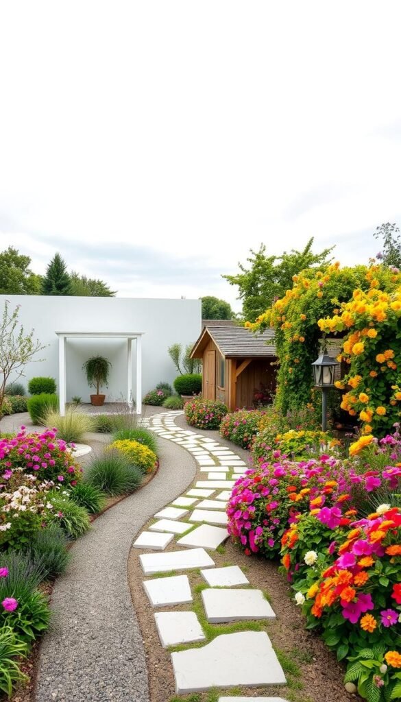 A minimalist garden with clean lines, muted tones, and carefully curated greenery stands in contrast to a lush, abundant cottagecore landscape bursting with vibrant flowers, trailing vines, and a rustic, whimsical atmosphere. In the foreground, the minimalist scheme features a simple stone path winding through a monochromatic palette of greys, whites, and soft greens, while the cottagecore side overflows with a colorful array of blooms in warm hues of pink, yellow, and purple. The middle ground reveals the distinct architectural styles, with the minimalist garden showcasing a sleek, modern gazebo and the cottagecore side featuring a charming, weathered wooden shed. In the background, the sky shifts from the minimalist's cool, overcast tones to the cottagecore's golden, sun-dappled glow, further emphasizing the stark contrast between the two gardening aesthetics.