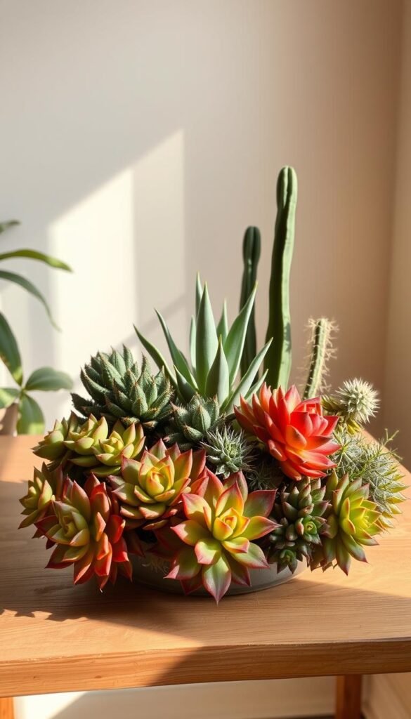 A minimalist indoor arrangement of low-water succulents and cacti, meticulously positioned on a simple wooden table. The soft, warm lighting casts gentle shadows, creating a serene, desert-inspired ambiance. In the foreground, a cluster of vibrant, geometric echeveria plants, their fleshy leaves catching the light. Interspersed throughout, sturdy, sculptural agave and haworthia, their textures and forms complementing each other. In the background, a neutral-toned wall serves as a calming backdrop, allowing the plants to take center stage. The composition exudes a sense of tranquility and balance, embodying the essence of a low-maintenance, dry garden lifestyle.