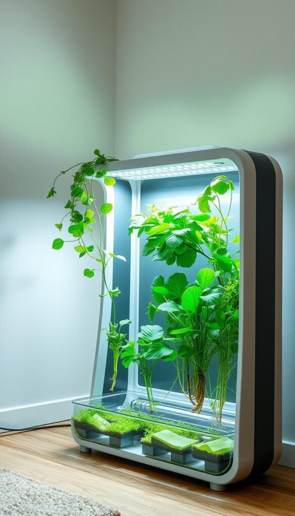 A minimalist, well-lit indoor setup showcasing a hydroponic system. The foreground features a sleek, compact grow unit with various hydroponically-grown leafy greens and herbs suspended in a clear nutrient-rich water reservoir. The middle ground shows carefully arranged LED grow lights positioned to provide optimal illumination. In the background, a neutral-toned, modern interior setting with clean lines and natural materials sets the scene, hinting at the integration of this self-contained, space-saving gardening solution within a small home or office environment.