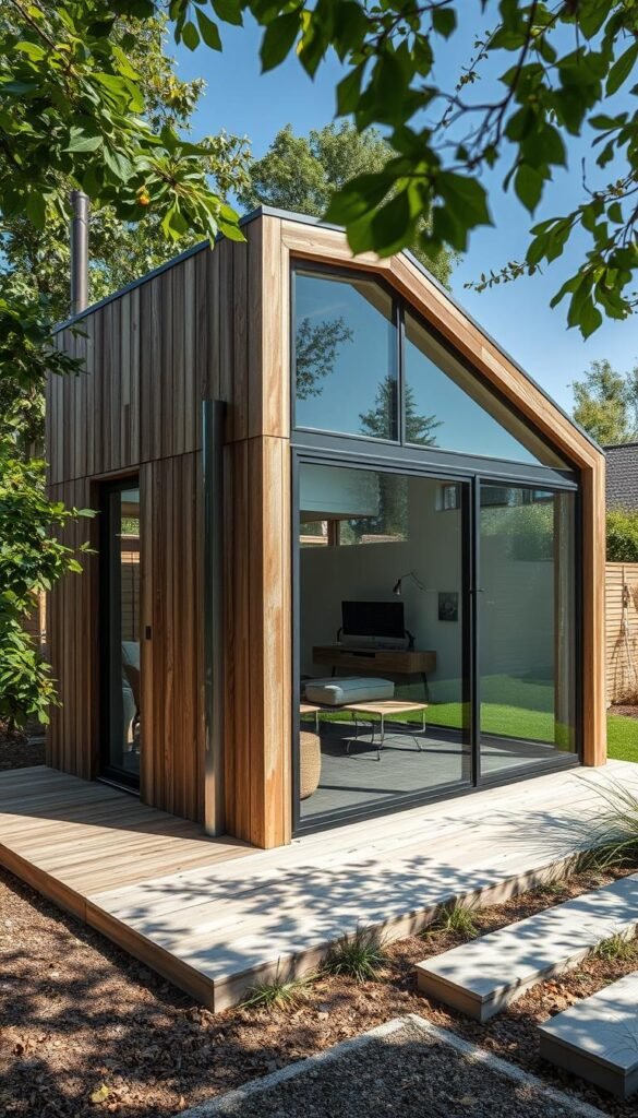 A modern, architecturally-innovative garden shed with sleek, clean lines and a mix of natural and industrial materials. The shed's design features a combination of glass, metal, and weathered wood, blending seamlessly with the surrounding landscape. The shed's unique, angular shape creates dynamic shadows and highlights the interplay of light and shadow. A large, panoramic window offers expansive views of the garden, blurring the lines between indoor and outdoor spaces. The shed's minimalist aesthetic and creative use of materials convey a sense of sophistication and modernity, inspiring new ways of thinking about the humble garden shed.