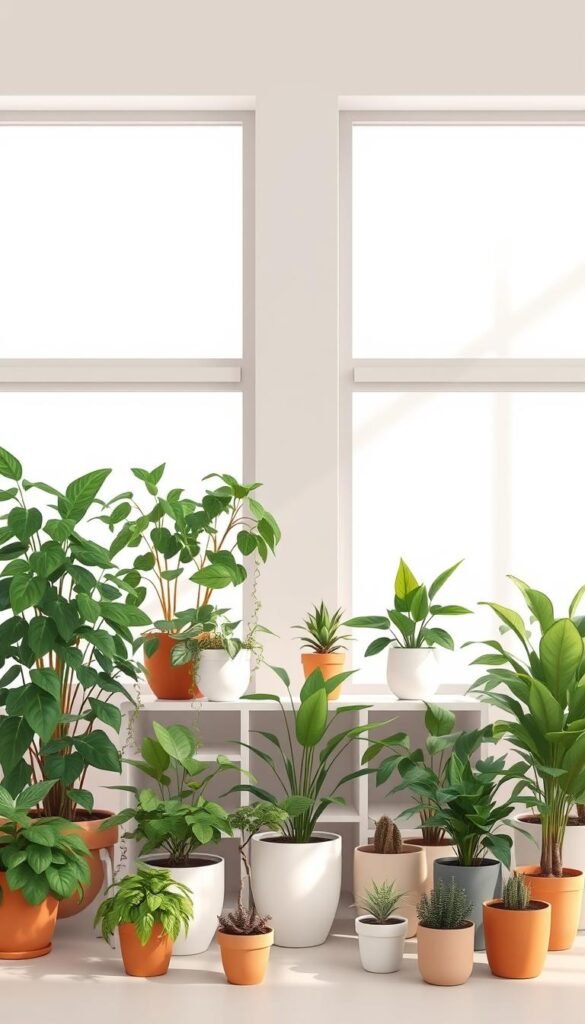 A modern botanical illustration showcasing a curated selection of lush indoor plants against a light, airy backdrop. The foreground features a variety of potted plants in various sizes, shapes, and textures, including leafy floor plants, trailing vines, and compact succulents. The middle ground offers a clean, minimalist shelving unit or table to display the plants. The background is bathed in soft, natural daylight filtering through large windows, creating a serene, tranquil atmosphere. The overall composition is balanced, highlighting the plants as the focal point, while conveying a sense of harmony and indoor gardening inspiration.