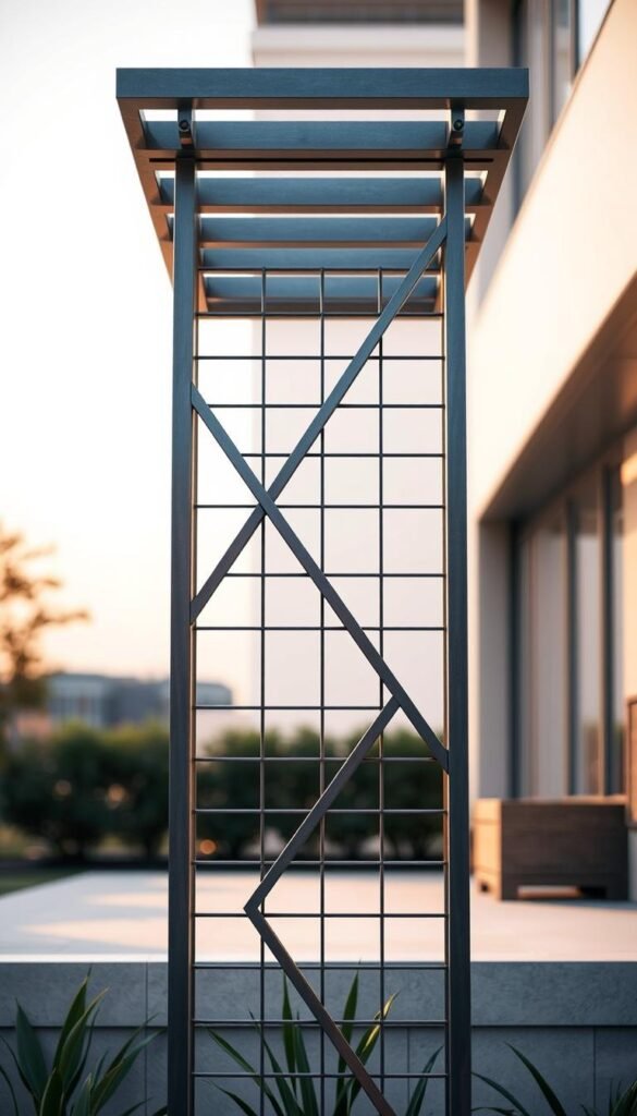A modern, geometric metal trellis stands tall against a softly blurred backdrop. The structure is composed of sleek, brushed aluminum bars intersecting at sharp angles, creating a visually striking and minimalist design. Warm, diffused lighting from above casts gentle shadows, highlighting the trellis's clean lines and metallic sheen. The overall scene exudes a sense of contemporary sophistication and urban chic, perfect for enhancing a stylish backyard or patio space.