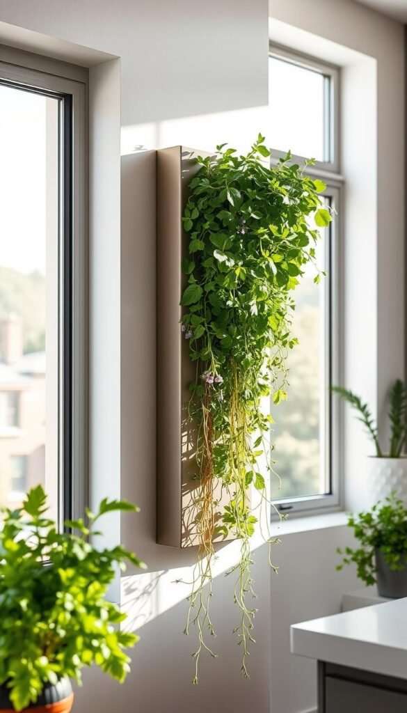 A modern kitchen herb garden, with lush, verdant plants cascading down a sleek, minimalist wall-mounted planter. Soft, natural lighting filters through large windows, illuminating the vibrant greens and delicate purple hues of the herbs. The arrangement is visually striking, with a mix of tall, leafy herbs and trailing vines, creating a sense of depth and organic texture. The planter itself is a streamlined, geometric design in a muted, earthy tone, seamlessly blending into the surrounding kitchen decor. The overall atmosphere is one of serenity and fresh, culinary inspiration, perfectly capturing the essence of a functional yet aesthetically pleasing vertical herb garden in a contemporary kitchen setting.