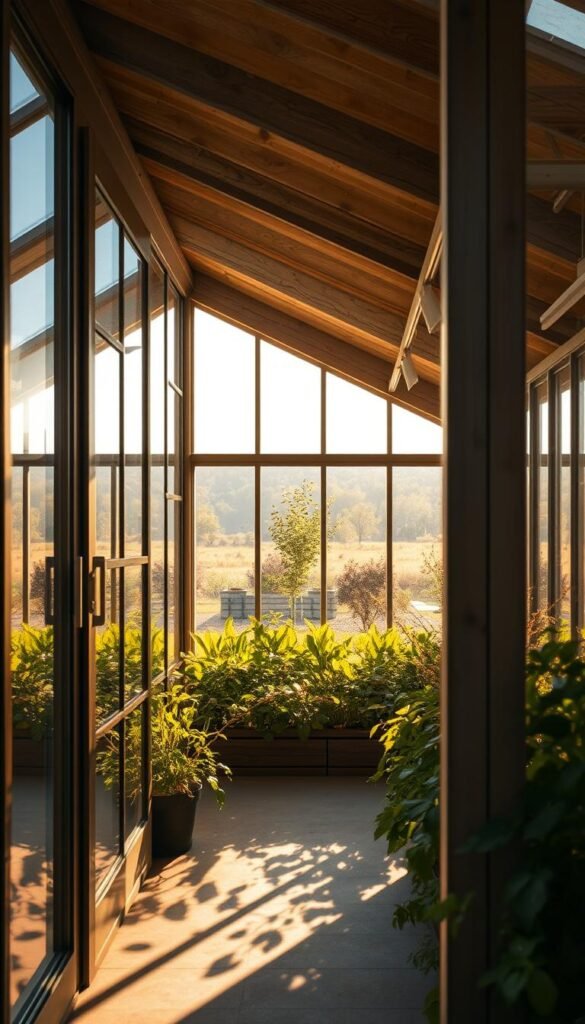 A modern, stylish greenhouse shed hybrid bathed in warm, natural light. In the foreground, sleek glass panels seamlessly blend with weathered wooden beams, creating a harmonious structure. The middle ground features lush, verdant plants thriving within the controlled environment, while the background showcases a picturesque garden landscape. Soft shadows cast by the sun's rays add depth and dimension, evoking a sense of tranquility and balance. The overall design effortlessly combines the functionality of a shed with the bright, airy ambiance of a greenhouse, resulting in a versatile and aesthetically pleasing outdoor space.