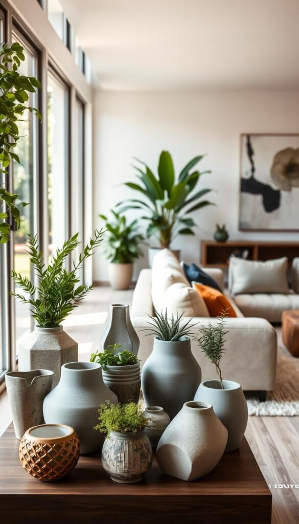 A modern, well-lit living room with large windows and natural light filtering in. In the foreground, a collection of artful, sculptural planters in a variety of shapes, textures, and materials - ceramic, concrete, and metal - arranged on a wooden side table or floating shelves. The planters hold lush, thriving plants that complement the room's minimalist, yet elegant decor. The mid-ground features a comfortable seating area with plush sofas and chairs. The background showcases a neutral color palette, with hints of greenery from potted plants and abstract wall art that ties the entire scene together. An atmosphere of sophistication, serenity, and indoor-outdoor harmony pervades the space.