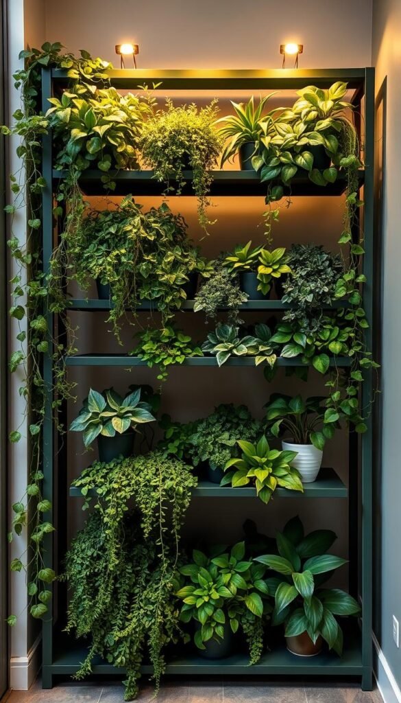 A multi-tiered plant stand display with a modern, minimalist aesthetic. The main structure is a clean-lined, powder-coated metal frame in a muted forest green, supporting three graduated shelves of varying depths. Lush, verdant foliage cascades from each shelf, creating a layered, dynamic display. The plants vary in size and species, from trailing vines to compact succulents, in shades of deep green, pale olive, and variegated leaves. Warm, diffused lighting emanates from discreet spotlights mounted on the frame, casting a soft, natural glow across the display. The overall composition is visually striking yet harmonious, elevating the greenery and transforming a neglected corner into a serene, plant-filled haven.