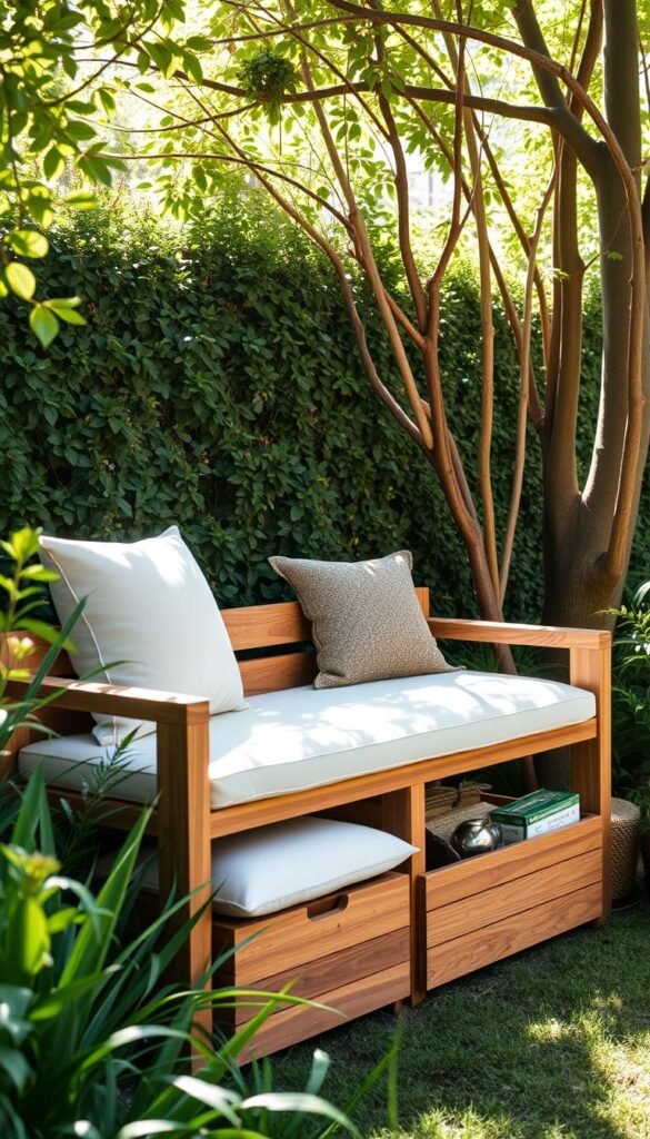 A multifunctional garden bench with integrated storage compartments, nestled in a lush, verdant backdrop. The sturdy wooden frame is complemented by clean, modern lines, creating a seamless fusion of form and function. Soft, plush cushions invite relaxation, while the hidden storage spaces beneath offer a practical solution for keeping garden tools, supplies, or decor items close at hand. Dappled sunlight filters through the canopy of nearby trees, casting a warm, inviting glow over the scene. The overall composition blends seamlessly with the surrounding greenery, showcasing a harmonious integration of functional elements within a compact, nature-inspired setting.