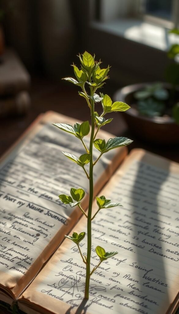A nature journal filled with detailed sketches and handwritten notes, documenting the growth of a flourishing plant. The journal's pages are weathered, with a rustic, aged appearance, evoking a sense of timelessness. The plant, captured in various stages of development, stands in the foreground, its vibrant green leaves and delicate stems creating a focal point. The background is softly blurred, allowing the journal to take center stage, with natural light gently illuminating the scene, casting subtle shadows and highlighting the textures of the paper. The overall mood is one of quiet contemplation and a deep appreciation for the wonders of the natural world.