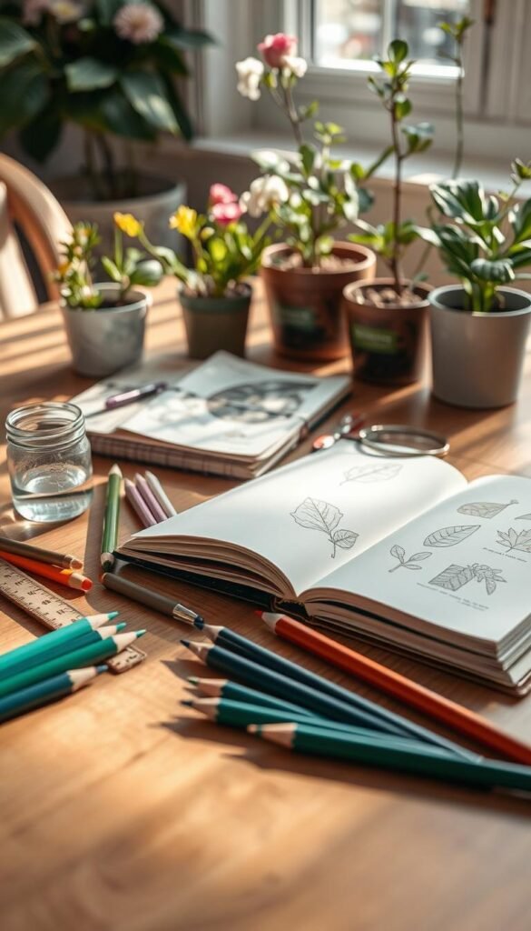 A nature journal laid out on a wooden table, illuminated by soft natural light. In the foreground, an assortment of colored pencils, a ruler, and a small jar of water. The journal's pages are open, revealing sketches of leaves and flowers. In the middle ground, a magnifying glass and a pair of small scissors rest next to a field guide. In the background, potted plants and a vase of fresh flowers create a serene, botanical atmosphere. The overall scene conveys a sense of curiosity, exploration, and a connection to the natural world.