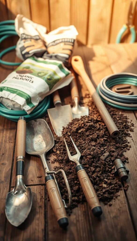 A neatly arranged assortment of essential soil preparation tools on a rustic wooden surface, bathed in warm, natural lighting. In the foreground, a sturdy trowel, garden fork, and hand cultivator stand ready. In the middle ground, a spade and rake lie alongside a bag of organic compost. In the background, a coiled garden hose and a pair of pruning shears suggest a well-equipped gardening setup. The overall scene conveys a sense of order, practicality, and the promise of a thriving garden layout to come.