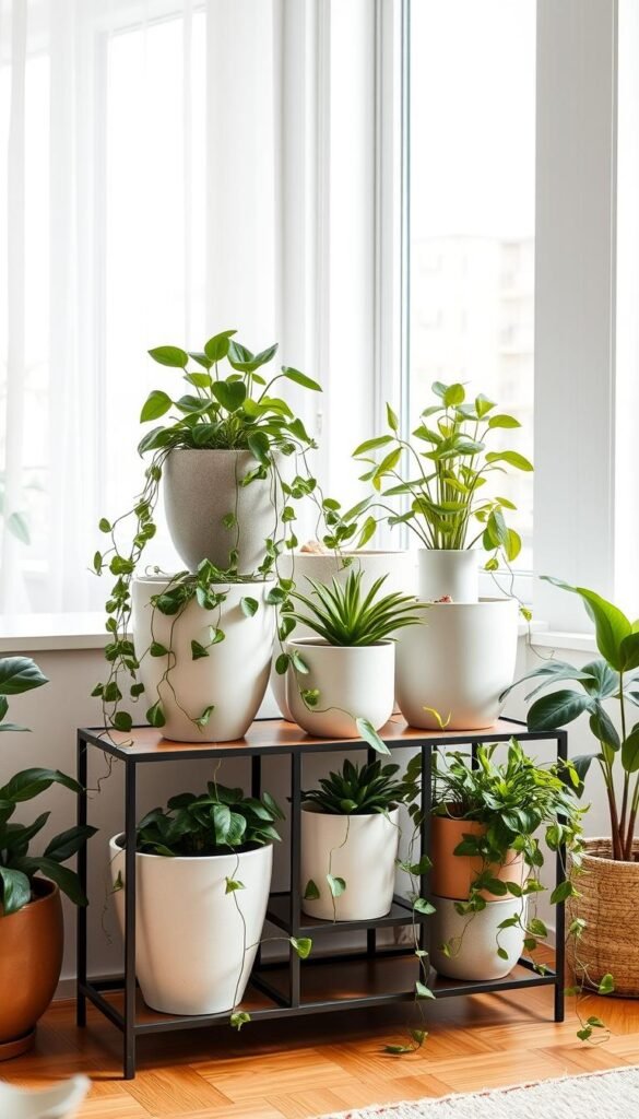 A neatly arranged collection of compact, space-efficient planters in a bright, modern indoor setting. Sleek, minimalist ceramic or concrete planters in neutral tones sit atop a wooden or metal shelving unit, creating a visually harmonious display. Trailing vines and lush, low-maintenance foliage plants spill over the edges, adding a touch of natural greenery. Soft, diffused daylight filters in through large windows, casting a warm, ambient glow. The overall composition exudes a sense of order, functionality, and a thoughtful approach to maximizing limited indoor space.