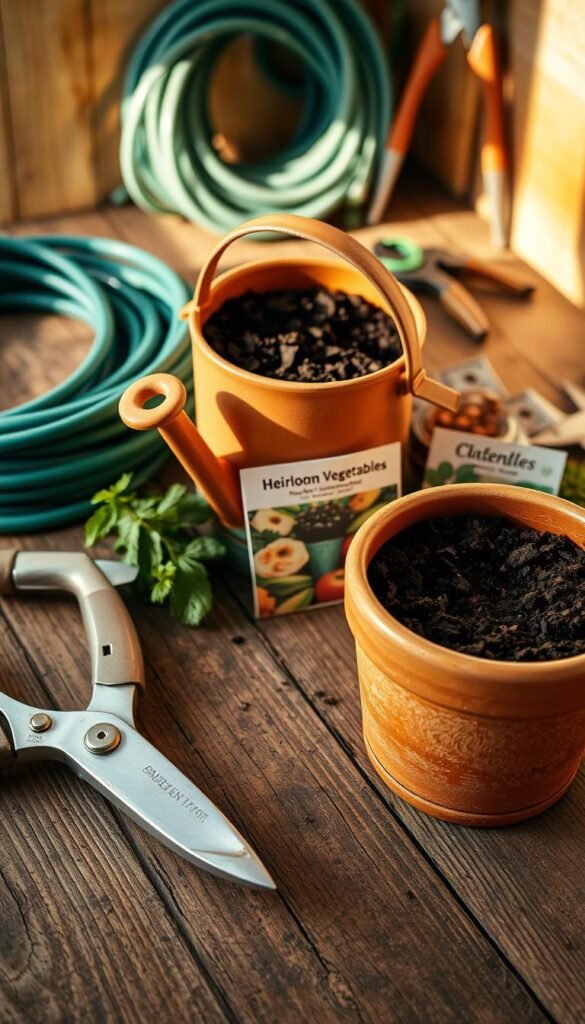 A neatly arranged collection of essential gardening tools and materials on a rustic wooden table, bathed in warm, natural lighting. In the foreground, a pair of sturdy gardening gloves, pruning shears, and a trowel, their metallic surfaces gleaming. In the middle ground, a terracotta pot filled with rich, dark soil, alongside a small watering can and a packet of heirloom vegetable seeds. In the background, a coiled garden hose, a hand cultivator, and a pair of garden clippers, all strategically placed to create a harmonious, functional composition. The overall mood is one of simplicity, practicality, and a connection to the natural world.