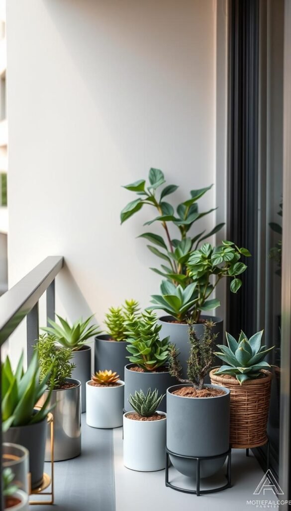 A neatly arranged collection of lightweight and minimalist balcony planters, showcasing a variety of potted plants and succulents. The planters are made of sleek, modern materials like brushed metal, woven rattan, and matte ceramic, harmoniously blending with the balcony's clean-lined architecture. Soft, diffused sunlight filters through the scene, casting gentle shadows and highlighting the lush, vibrant foliage. The overall composition exudes a sense of serenity and intentional, space-saving design, perfectly complementing the intimate balcony setting.