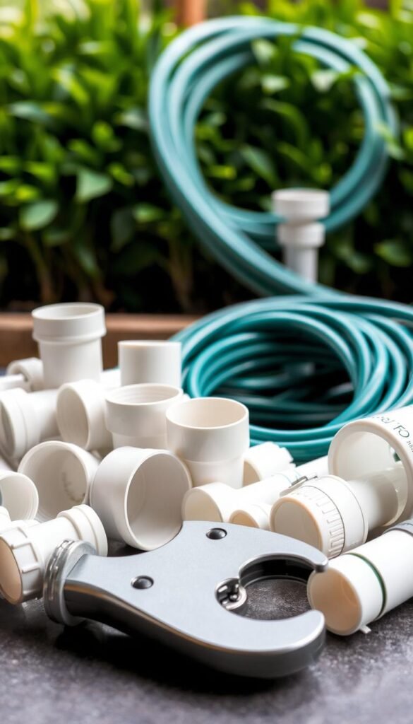 A neatly arranged composition depicting an assortment of irrigation supplies and a PVC cutter. In the foreground, the PVC cutter sits prominently, its metallic body reflecting the soft, natural lighting. Surrounding it are various components - PVC pipes, connectors, and fittings - meticulously organized, suggesting a well-planned DIY watering system. The middle ground features a garden hose coiled neatly, ready for use. In the background, a lush, verdant backdrop, reminiscent of a thriving raised bed garden, sets the scene. The overall mood is one of functional simplicity, conveying the essential elements required for a low-maintenance, self-sustaining watering setup.