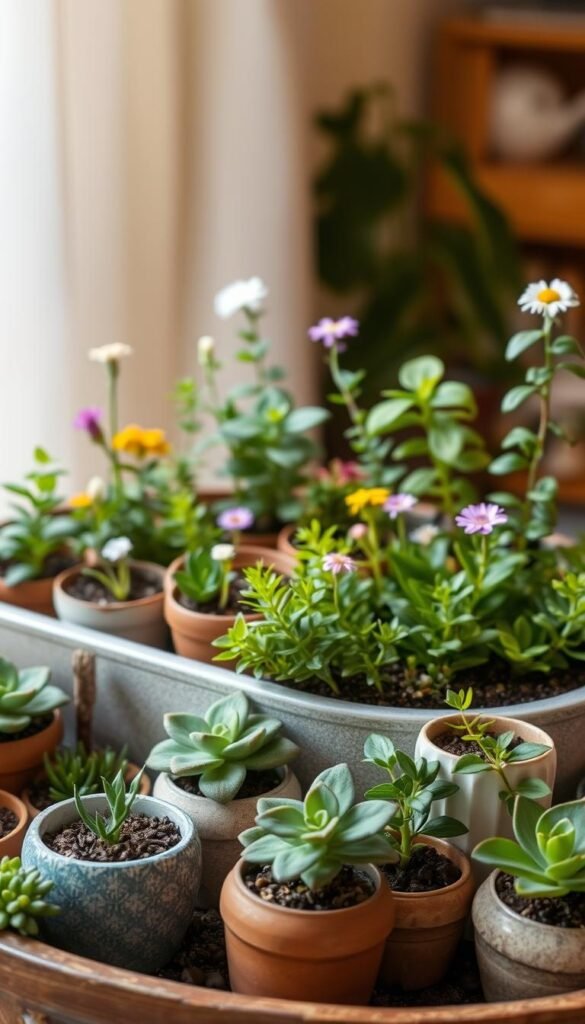 A neatly arranged container garden setup, filled with an assortment of lush, miniature plants and flowers. The foreground showcases a variety of small, decorative pots and planters, carefully positioned to create a visually appealing composition. The middle ground features a mix of succulents, ferns, and other low-maintenance greenery, thriving in their cozy, sheltered environment. The background suggests a warm, well-lit indoor setting, with soft, diffused lighting gently illuminating the scene, evoking a sense of tranquility and whimsy. The overall aesthetic captures the essence of a delightful, self-contained fairy garden, ready to transport the viewer into a world of enchantment and natural wonder.