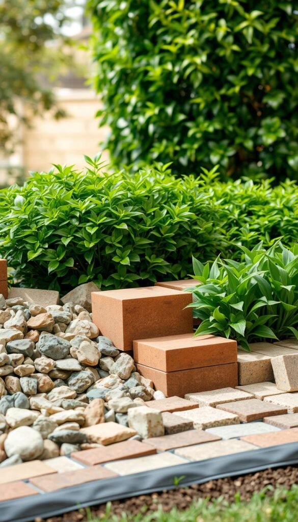A neatly arranged display of garden edging materials, including smooth river rocks, decorative bricks, natural stone pavers, and durable plastic borders, set against a backdrop of lush, verdant foliage. The lighting is soft and diffused, creating a warm, inviting atmosphere that showcases the textures and colors of the different edging options. The camera angle is slightly elevated, providing a comprehensive view of the display and allowing the viewer to compare the aesthetics and practical applications of each material. The overall composition is balanced and visually appealing, conveying a sense of thoughtful curation and highlighting the variety of choices available for framing a beautiful flower bed.