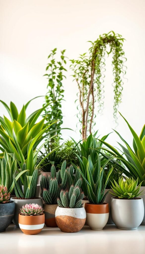 A neatly arranged display of lush, water-efficient home plants in a bright, well-lit indoor setting. In the foreground, a selection of succulents and cacti in modern ceramic pots, their vibrant colors and intricate textures standing out against a neutral background. In the middle ground, tall, graceful houseplants like ZZ plants and snake plants, their verdant foliage cascading elegantly. The background features a minimalist, airy space with soft, warm lighting, emphasizing the natural beauty and sustainability of these drought-tolerant plants. The overall atmosphere conveys a sense of tranquility, highlighting the benefits of incorporating water-efficient greenery into the home.