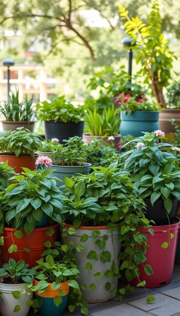 A neatly arranged display of thriving container gardens, set against a sun-dappled backdrop. In the foreground, a variety of lush, fast-growing plants spill over the edges of colorful, mismatched pots, their leaves and vines cascading with vibrant greens and bursts of flowers. The middle ground features a mix of compact, space-saving planters and larger, statement-making vessels, all brimming with healthy, rapidly maturing vegetation. In the distance, a serene outdoor setting with soft, natural lighting enhances the sense of verdant abundance and urban oasis. The overall scene conveys the joys of container gardening and the satisfaction of cultivating a flourishing mini-ecosystem, even in limited spaces.