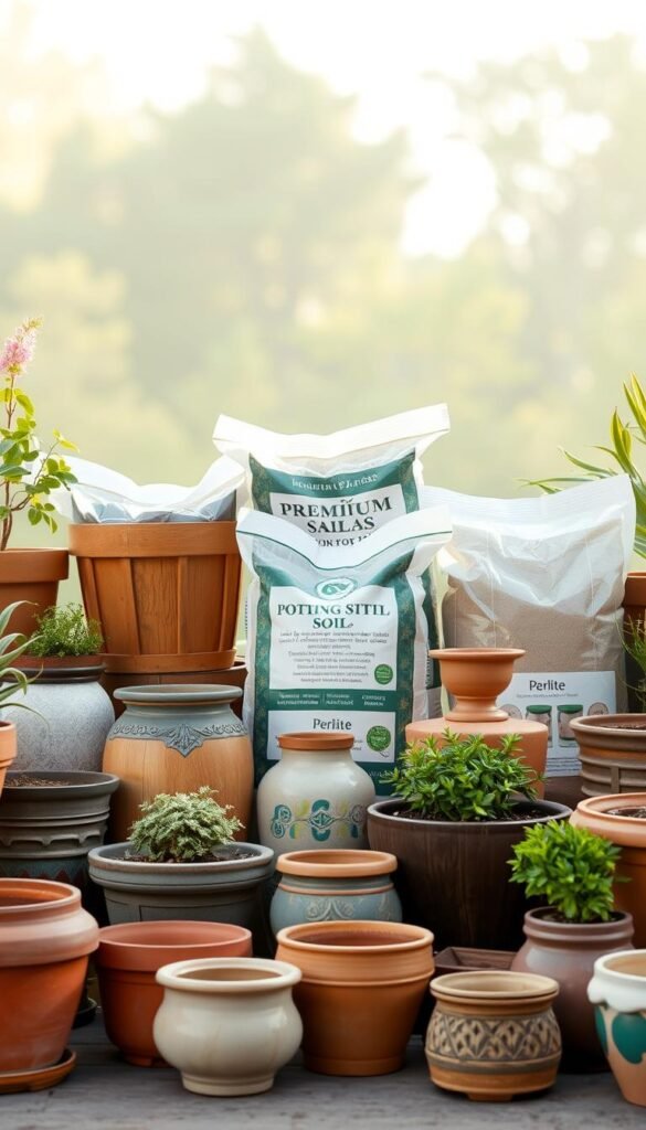 A neatly arranged display of various containers and potting mixes against a soft, natural background. In the foreground, an assortment of terracotta pots, wooden planters, and decorative ceramic containers in different shapes and sizes. In the middle ground, bags of premium potting soil, compost, and perlite, their labels clearly visible. The lighting is warm and inviting, casting a gentle glow on the scene. The overall atmosphere is one of a well-curated gardening supply selection, inviting the viewer to explore the options for their container-based urban garden.