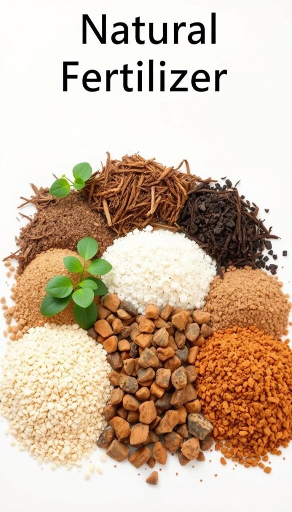 A neatly arranged display of various natural fertilizer options, including a collection of organic matter such as compost, aged manure, and ground rock minerals. The items are captured in a clean, well-lit studio setup, with a neutral background that allows the textures and colors of the materials to shine. The composition emphasizes the diversity and versatility of these eco-friendly soil amendments, conveying a sense of natural abundance and sustainability. The lighting is soft and even, highlighting the natural hues and tones of the fertilizers, while the camera angle provides a clear, detailed view of the subject matter.