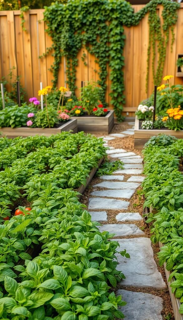 A neatly arranged garden bed with rows of thriving vegetables and herbs. The foreground features lush, green foliage of leafy greens, tomatoes, and herbs like basil and parsley, all meticulously spaced. The middle ground showcases a winding path made of natural stone, flanked by raised planting beds filled with vibrant flowers and trailing vines. In the background, a wooden fence adorned with cascading vines creates a sense of enclosure, while the warm, diffused lighting casts a gentle glow over the entire scene, evoking a serene and well-tended atmosphere.