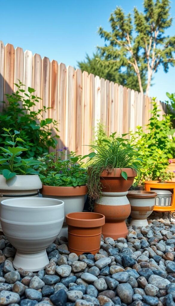 A neatly arranged garden scene, showcasing various container drainage methods. In the foreground, an assortment of ceramic, terracotta, and repurposed containers sit atop a bed of river rocks, their bases strategically elevated to allow for efficient water drainage. The midground features a mix of lush foliage, with plants cascading from the containers, their roots thriving in the well-drained environment. In the background, a wooden fence and a clear blue sky provide a serene, natural backdrop. The lighting is soft and diffused, casting gentle shadows and highlighting the textures of the materials. The overall composition conveys a sense of order, functionality, and eco-friendly gardening practices.