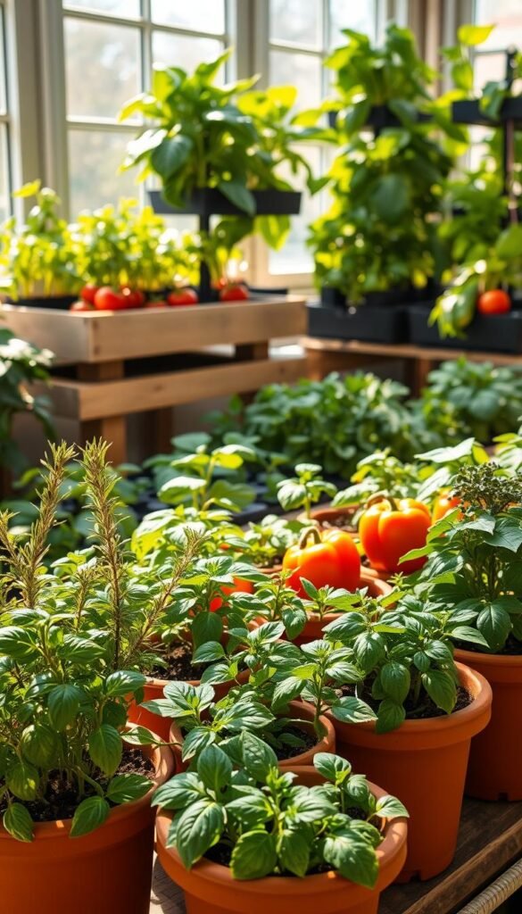 A neatly arranged indoor vegetable garden, bathed in warm, natural light streaming through large windows. In the foreground, a selection of lush green herbs - basil, rosemary, and thyme - thrive in terracotta pots. In the middle ground, vibrant red tomatoes, crisp bell peppers, and plump eggplants grow in raised wooden planters. The background showcases verdant leafy greens, such as kale and Swiss chard, in sleek hydroponic systems. The scene exudes a sense of tranquility and abundance, inviting the viewer to imagine the bounty of fresh, homegrown produce that could be harvested from this carefully curated indoor oasis.