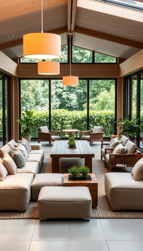 A neatly arranged modular garden room furniture set in a well-lit, airy space. The foreground features a cozy modular sofa with plush cushions and ottomans that can be reconfigured for versatile seating. In the middle ground, a wooden table with built-in planters stands surrounded by modern, minimalist armchairs. The background showcases lush greenery through large windows, creating a seamless indoor-outdoor connection. Warm, diffused lighting from overhead fixtures casts a soft, inviting glow, accentuating the natural materials and textures. The overall scene conveys a harmonious, functional, and visually appealing indoor-outdoor living space.