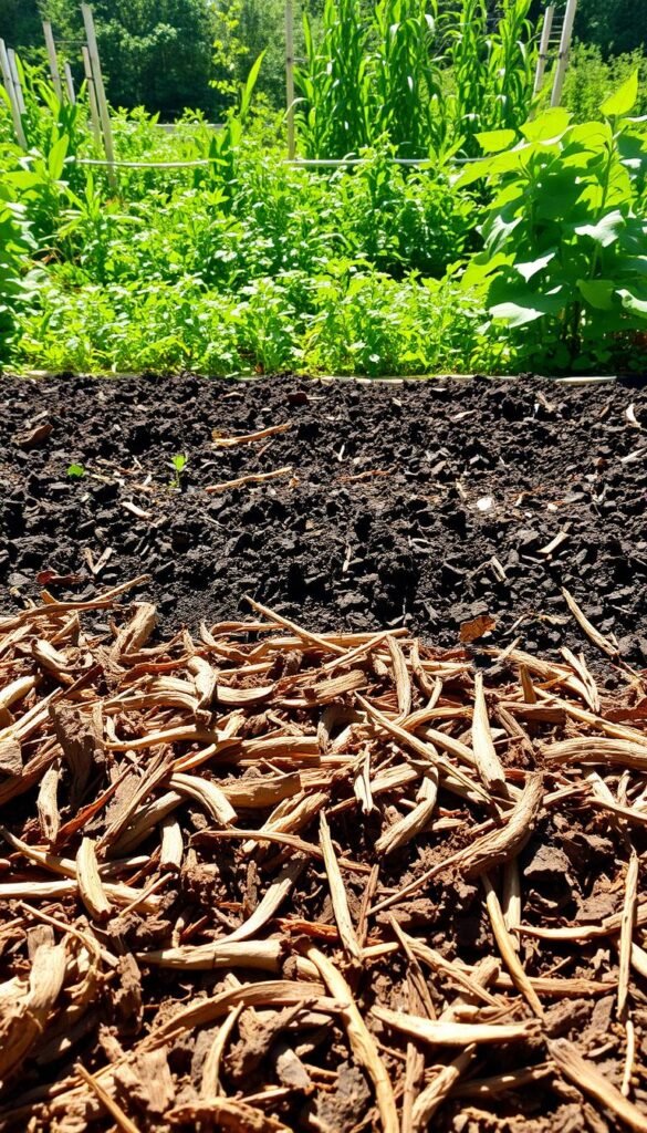 A neatly arranged no-till garden bed, sunlit and verdant, showcasing layers of organic matter. In the foreground, a dense mulch of shredded leaves, wood chips, and straw, forming a protective, moisture-retaining blanket. Beyond, a scattering of dark, crumbly compost, rich in nutrients, ready to be worked into the soil. In the middle ground, a lush understory of clover and other cover crops, their deep roots aerating the earth. In the background, a backdrop of lush, thriving plants, their foliage casting gentle shadows across the scene. Captured with a wide-angle lens, the image conveys a sense of abundance, harmony, and the beauty of a sustainable, low-maintenance garden ecosystem.