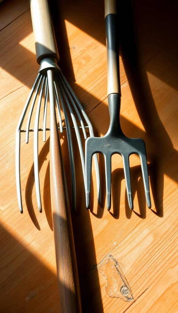 A neatly arranged set of classic garden tools - a rake and a gardening fork - resting on a natural wooden surface. The rake's tines are slightly curved, designed for efficient leaf and debris collection. The sturdy fork's prongs are sharp and tapered, ready to break up soil and aerate the earth. The tools are illuminated by warm, natural lighting from an unseen window, casting gentle shadows that accentuate their textures and forms. The overall scene exudes a sense of utility and practicality, perfect for the "Rakes, Spades, and Forks: Tools for Soil and Debris Management" section of the "Gardening for Beginners: Essential Tools You Actually Need" article.