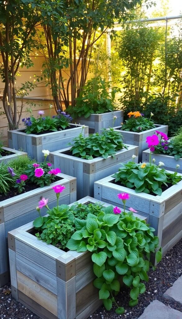 A neatly arranged set of raised garden containers, with lush greenery and vibrant flowers spilling over the edges. The containers are constructed from natural materials like weathered wood and stone, seamlessly blending into a picturesque small garden setting. Warm, diffused sunlight filters through the surrounding foliage, casting soft shadows and creating a serene, inviting atmosphere. The layout is meticulously designed, showcasing a harmonious balance of different container sizes, shapes, and textures, forming an innovative and visually appealing small-scale gardening solution.