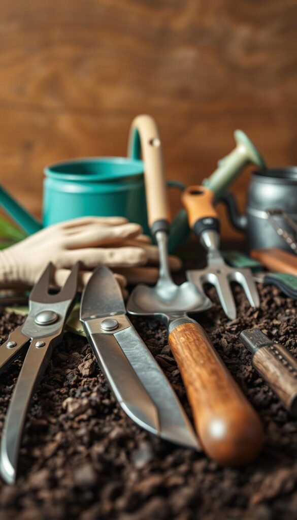 A neatly arranged still life of essential hand tools for gardening, shot with a wide-angle lens in natural daylight. In the foreground, a set of sturdy pruning shears, a trowel with a wooden handle, and a hand cultivator gleam against a backdrop of rich, earthy tones. The middle ground features a small garden spade and a pair of gardening gloves, hinting at the tactile experience of working the soil. In the background, a watering can and a small pair of scissors add depth and context, evoking the tranquil atmosphere of a well-tended garden. The overall composition conveys a sense of utility, craftsmanship, and the personal connection between the gardener and their tools.