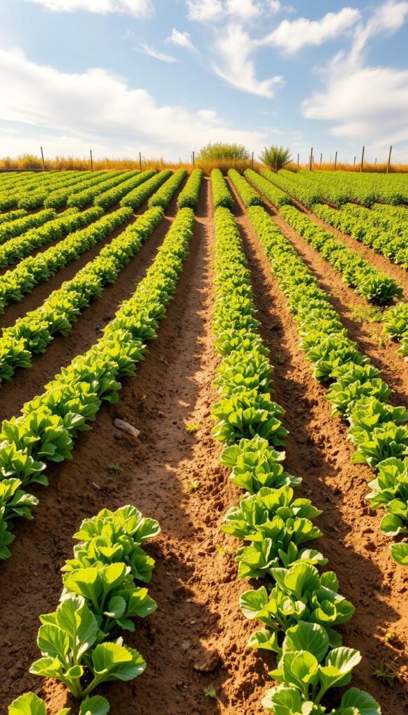 A neatly arranged traditional row garden layout, with parallel rows of lush green vegetable plants meticulously spaced and aligned. The rows are framed by a well-tended soil bed, rich in nutrients and free of weeds, gently sloping towards a central path that winds through the garden. Warm, golden sunlight filters through wispy clouds, casting soft shadows and highlighting the vibrant foliage. The overall scene exudes a sense of order, productivity, and the timeless charm of a quintessential kitchen garden. Captured with a wide-angle lens to showcase the full layout, the image conveys the efficient and time-honored approach to growing a variety of vegetables in a traditional row-based arrangement.