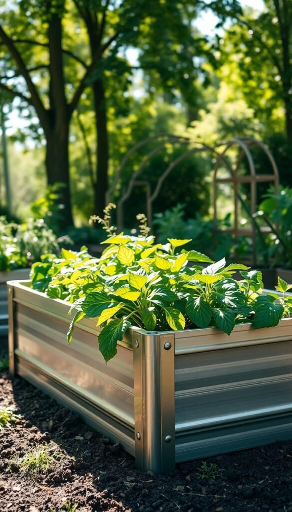 A neatly assembled metal raised garden bed in a well-lit outdoor setting. The bed's sturdy steel frame is a warm silver tone, with clean lines and precise joints. Lush greenery spills over the sides, hinting at the bountiful harvest to come. The soil is dark and rich, ready to nurture thriving plants. Dappled sunlight filters through the surrounding trees, casting a warm, natural glow on the scene. The overall impression is one of effortless functionality and seamless integration with the outdoor environment.
