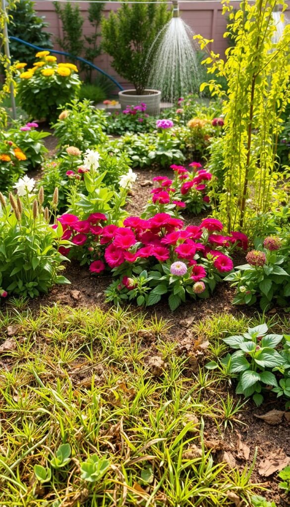 A neatly manicured garden with vibrant flowers and lush greenery, marred by common gardening mistakes. In the foreground, an overgrown, unkempt plot with weeds and dead plants, contrasting sharply with the well-tended areas. The middle ground reveals poorly spaced plantings, overcrowded beds, and a tangled mess of untrimmed foliage. In the background, a haphazard watering system, with leaky hoses and uneven coverage. The scene is bathed in soft, natural light, emphasizing the stark contrast between the mistakes and the flourishing garden. The mood is one of neglect and missed opportunities, a cautionary tale for new gardeners.