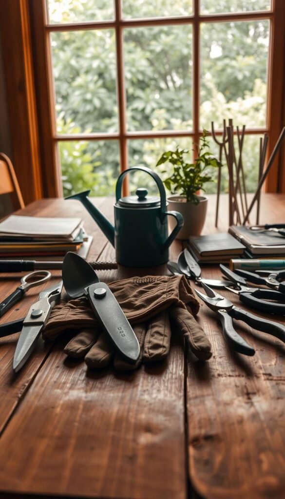 A neatly organized assortment of essential gardening tools laid out on a rustic wooden table, illuminated by warm, natural light filtering through a large window. In the foreground, a pair of sturdy pruning shears, a small trowel, and a hand cultivator rest atop a well-worn gardening glove. In the middle ground, a watering can, a small spade, and a pair of garden snips are arranged with care. The background features a set of garden stakes, a gardening journal, and a pair of clippers, all set against a backdrop of lush, verdant foliage visible through the window, creating a tranquil, serene atmosphere that invites contemplation of outdoor floral space planning.