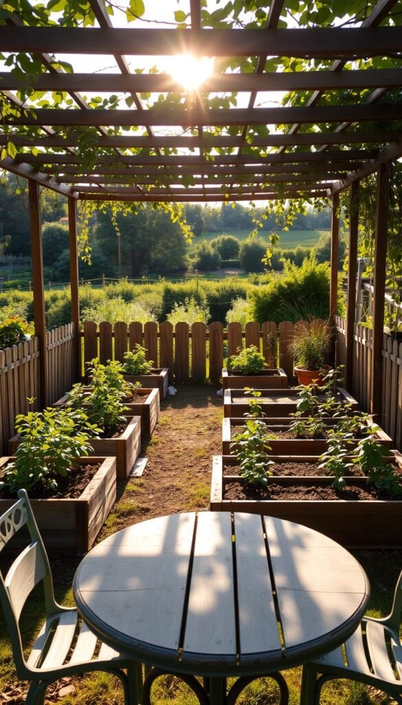 A neatly organized backyard garden with raised planter beds, surrounded by a sturdy wooden fence. The beds are filled with a variety of thriving fruit plants, each soaking up the warm, golden sunlight filtering through the overhead trellis. The trellis casts intricate patterns of light and shadow, creating a serene, contemplative atmosphere. In the foreground, a weathered garden table and chairs invite the viewer to pause and admire the carefully planned layout. The background features a lush, verdant landscape, hinting at the productive potential of this well-designed fruit garden.