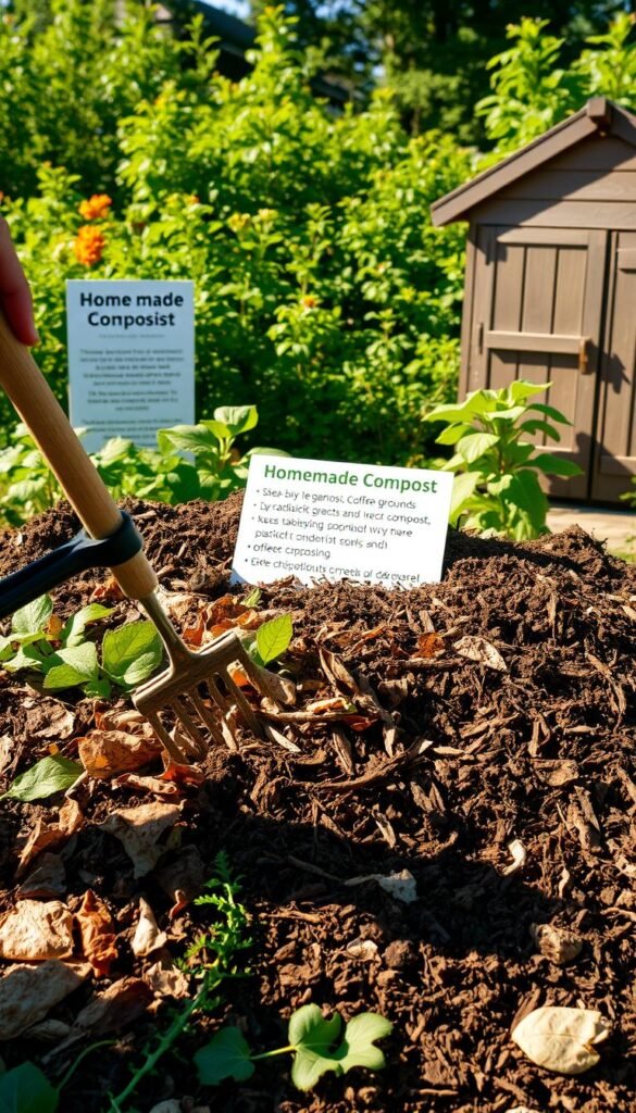A neatly organized compost pile in a lush garden setting, with various compost materials such as leaves, shredded paper, vegetable scraps, and coffee grounds prominently displayed. The scene is bathed in warm, natural sunlight, casting soft shadows and highlighting the rich, earthy tones of the compost. In the foreground, a gardener's hand is gently turning the materials with a pitchfork, showcasing the composting process. The middle ground features an informative signage explaining the benefits of homemade compost and step-by-step composting techniques. The background depicts a verdant backdrop of flourishing plants and a picturesque garden shed, creating an inviting and educational atmosphere.