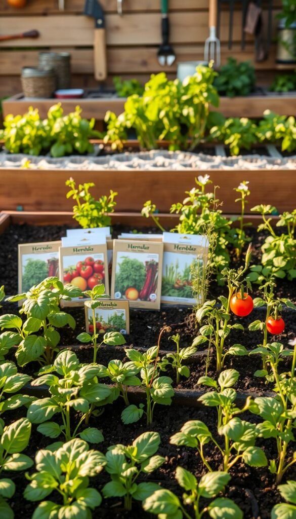 A neatly organized garden bed, the foreground filled with various vegetable seedlings - rows of leafy greens, vibrant tomato plants, and tender herb sprouts, their delicate stems reaching upwards. In the middle ground, a collection of seed packets in earthy tones, their packages adorned with illustrations of the plants they contain. The background showcases a wooden potting bench, its surface covered in a light dusting of soil, with a few gardening tools neatly arranged. Warm, golden sunlight filters through the scene, casting soft shadows and highlighting the textures of the natural elements. The overall mood is one of growth, preparation, and the anticipation of a bountiful harvest.