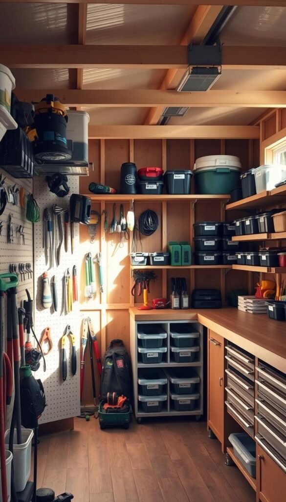 A neatly organized garden shed with strategically placed shelves, hooks, and storage bins. Sunlight streams through the windows, illuminating the orderly arrangement of tools, gardening supplies, and outdoor equipment. The foreground showcases a pegboard system with labeled hooks for easy access, while the middle ground features modular storage units stacked with labeled containers. In the background, a workbench with built-in drawers and cubbies offers additional storage solutions. The overall atmosphere conveys a sense of efficiency, productivity, and a well-maintained outdoor workspace.