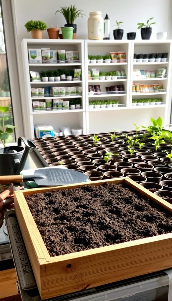 A neatly organized indoor potting station, well-lit by natural light from large windows. In the foreground, a wooden seed starting tray filled with rich, dark soil, ready for planting. Surrounding the tray, various gardening tools like a trowel, a watering can, and a small seedling heat mat. In the middle ground, rows of freshly filled seed starting pots, their surfaces smooth and inviting. The background features clean, minimalist shelving units displaying an array of seed packets, organic fertilizers, and other seed starting supplies. The overall scene conveys a sense of calm, order, and attention to detail - the perfect environment for nurturing young seedlings.