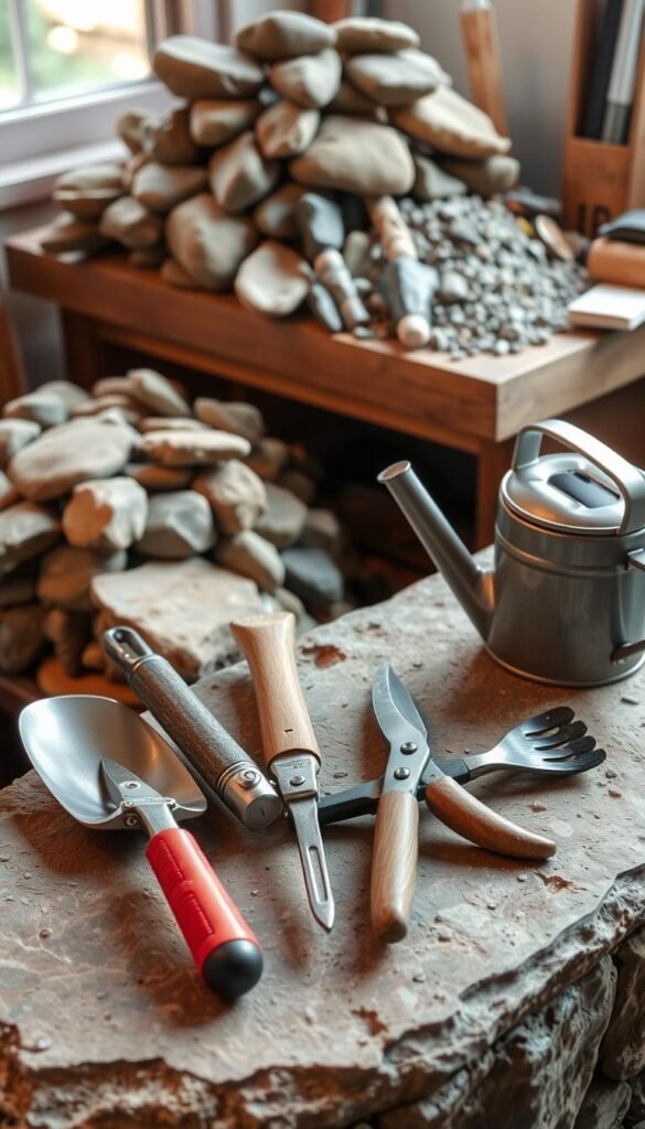 A neatly organized rock garden tool set, including a hand trowel, pruning shears, a small rake, and a watering can, resting on a natural stone surface. In the background, a pile of smooth river rocks, gravel, and other gardening materials sit atop a wooden workbench, illuminated by warm, diffused natural lighting from a nearby window. The composition conveys a sense of order and readiness for the task of cultivating a beautiful, low-maintenance rock garden.